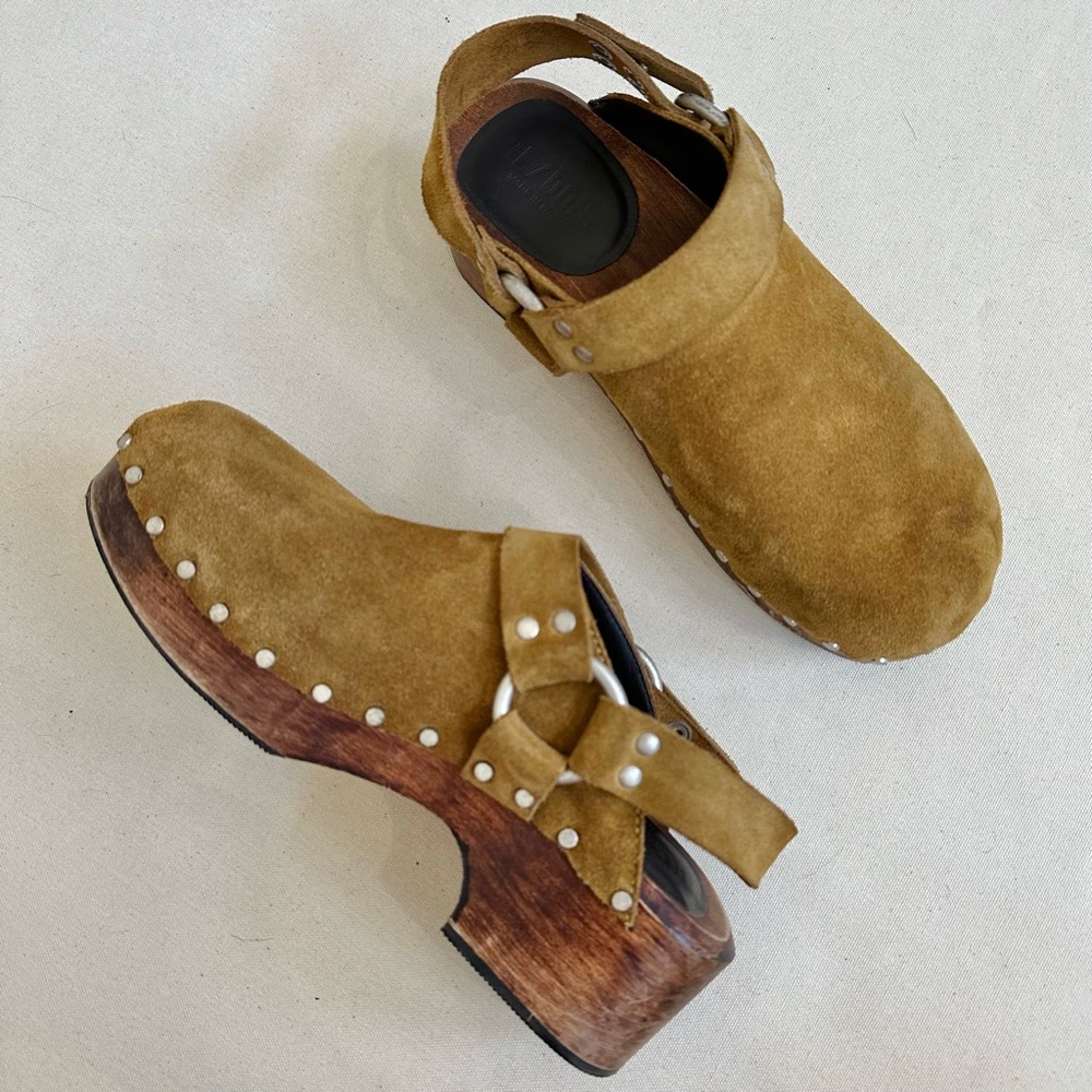 $525 Re/Done 70s Studded Slingback Clog Size 39 Cuoio Suede Square Toe Clogs
